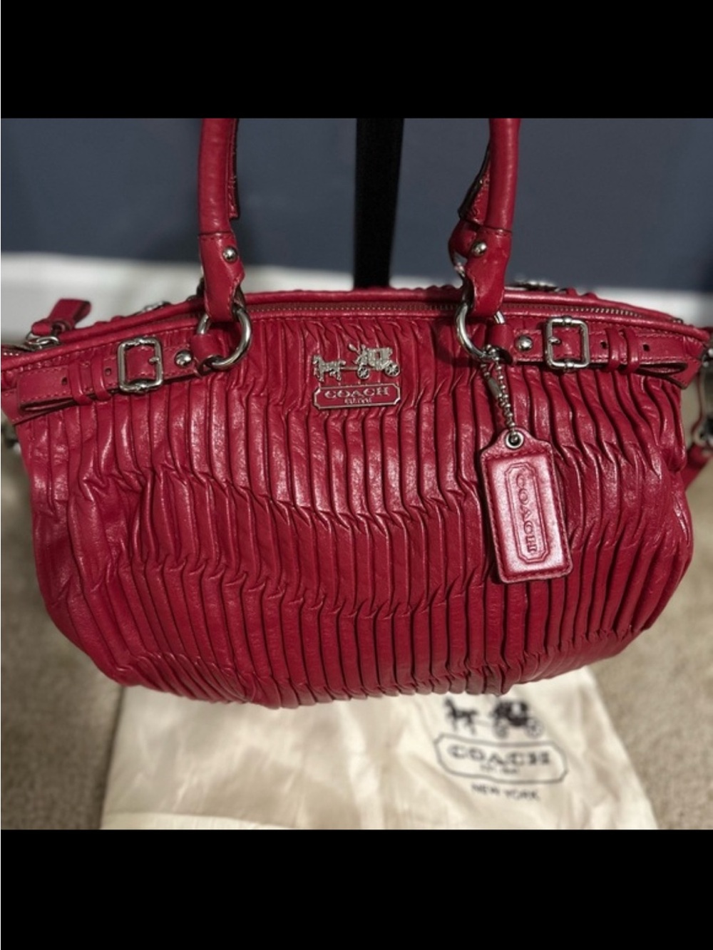 Coach Red Pleated Leather Satchel with Detachable Tag